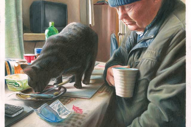 “In his image of a man and his cat, Dan has captured so many aspects of contemporary life in Ireland. Through understated reference to some resonant icons – the discarded Covid face-covering on the table, the classic Sacred Heart image in the far corner, and the old TV set in the background, we can locate a man we all seem to know,” Professor Granville said.