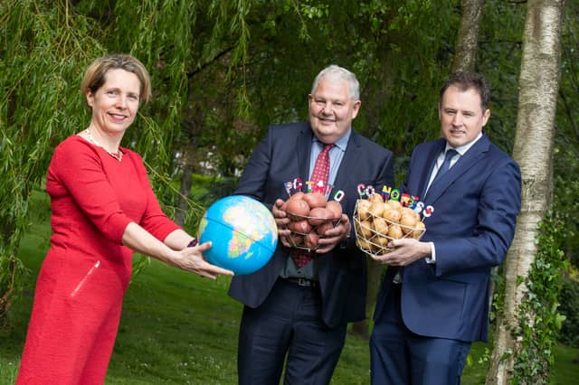 Tara McCarthy, CEO, Bord Bia; Michael Hoey, President, Irish Potato Federation; Charlie McConalogue, Minister for Agriculture, Food and the Marine, launching the 11th World Potato Congress