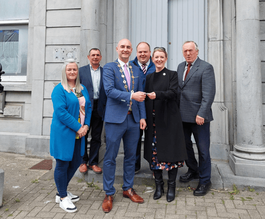 Mayor Daniel Butler receiving the keys to the former Bank of Ireland branch in Rathkeale from Roisin Crotty of BOI. Also pictured are Cllrs Bridie Collins, John O'Donoghue, Adam Teskey & Stephen Keary