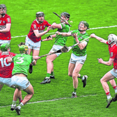 Limerick's William O'Donoghue in action against Shane Barrett, right, of Cork during the Munster SHC first round fixture at Páirc Uí Chaoimh on Sunday last