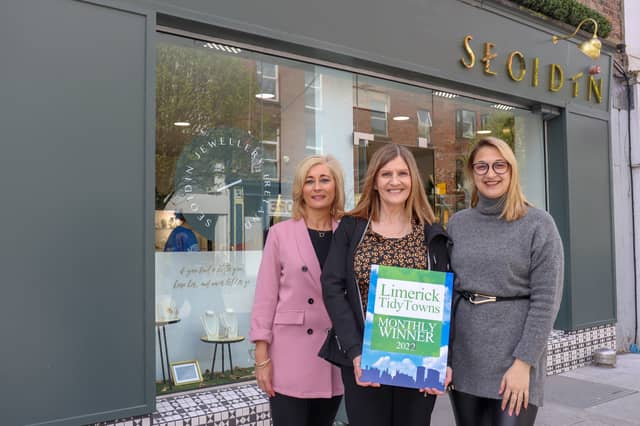 Maura O’Neill from Limerick City Tidy Towns is photographed with Seoidín store manager Deirdre Naughton and sales assistant Laura Freitas | Picture: Ava/IloveLimerick