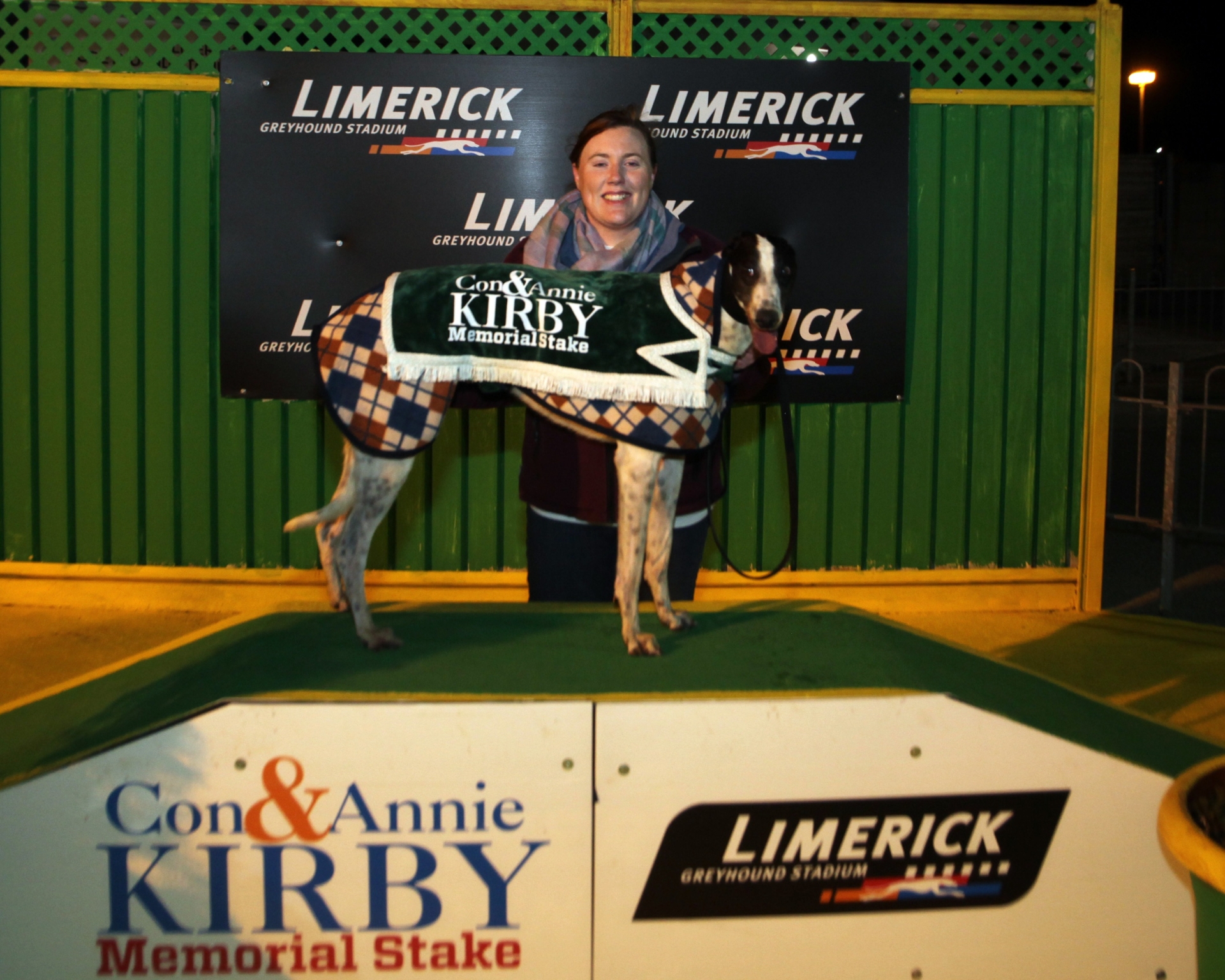 Jennifer O'Donnell with Lenson on Ice after a quarter final heat win in the Con and Annie Kirby Memorial