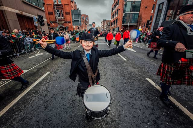 Diarmuid Wallace (aged 9) of the CBS pipe band pictured during the Limerick city St Patrick's Day parade | PICTURE: Brian Arthur