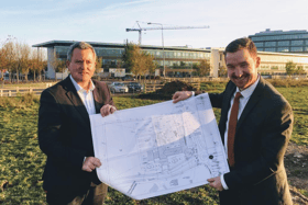 Kieran O’ Donnell TD pictured with School Principal Eoin Shinners viewing the School plans at the site on the Groody road.
