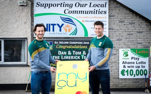 Tom and Dan Morrissey, Limerick and Ahane GAA, pictured launching Unity Credit Union's MYCU Current Account and Debit Mastercard service