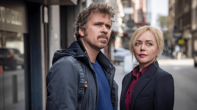 Angeline Ball as Detective Sergeant Emer Berry and Wouter Hendrickx as Christian De Jong in Hidden Assets, filmed partly in Limerick.