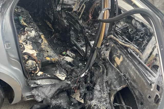 A short time later the vehicle exploded in a ball of flames. The photograph shows the extent of the damage to the vehicle and heat generated by the blaze.