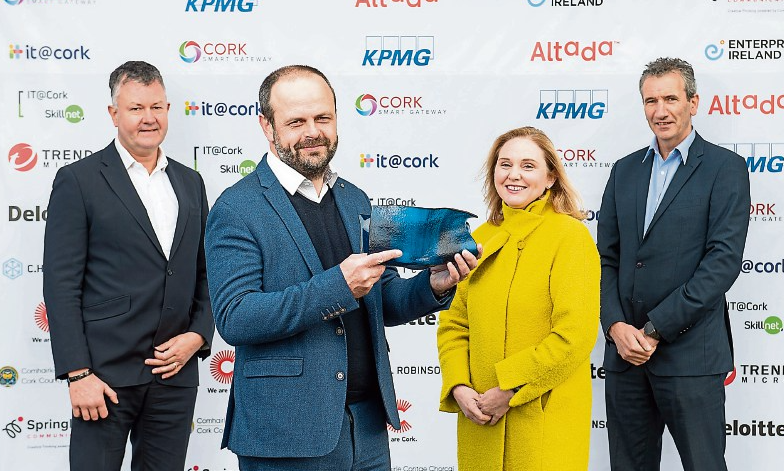 Tim Crowe and Ken Sheehan, of WrxFlo, receive their accolade at the it@cork Leaders Awards from Ciara Concannon, Enterprise Ireland; Donagh Kiernan, it@cork and Tenego