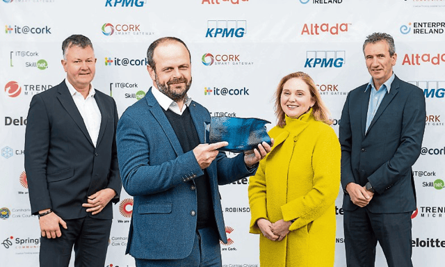 Tim Crowe and Ken Sheehan, of WrxFlo, receive their accolade at the it@cork Leaders Awards from Ciara Concannon, Enterprise Ireland; Donagh Kiernan, it@cork and Tenego