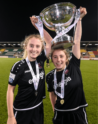 Limerick teenager Aoibheann Clancy, left, and team mate Ellen Molloy celebrate Wexford Youths' FAI Women's Cup win