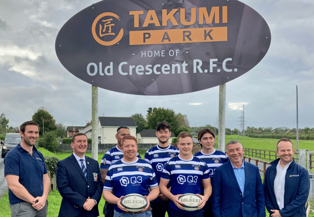 Old Crescent RFC players at the launch of Takumi Park, l-r, Eugene McGovern, Director of Rugby, Paul Donnellan, Club President, Gerry Reynolds, Chairman, Donal Galligan, CEO of Takumi Precision Ltd