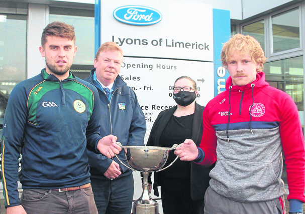 Liam Bourke, Treasurer Limerick Co Board, Fiona Connolly, general manager Lyons of Limerick, Cappamore captain John Ryan (V) and Mungret captain Cian O'Brien ahead of Sunday's Premier IHC final