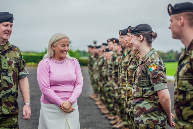Lt Col Pat Murnane and Colette Cowan thanking Defence Forces personnel for their support in the vaccination programme.| PICTURES: Brian Arthur