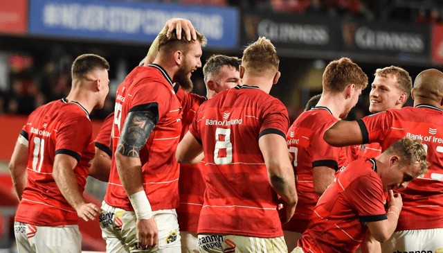 RG Snyman is congratulated by team mates after scoring Munster's fifth try in the United Rugby Championship win over the Stormers at Thomond Park on Saturday night