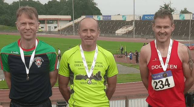Keith Daly, Dermot Kearns and Shane O’Sullivan at the National Masters Track and Field Championships