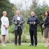 Miriam Magner Flynn, CEO, Career Decisions (left) is pictured with Tim Crowe and Davy Fitzgerald, representatives from the winning team in the Shannon Chamber Classic 2021, who received their crystal