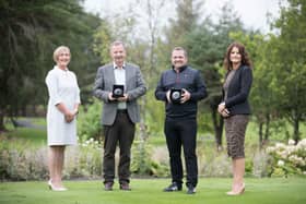 Miriam Magner Flynn, CEO, Career Decisions (left) is pictured with Tim Crowe and Davy Fitzgerald, representatives from the winning team in the Shannon Chamber Classic 2021, who received their crystal