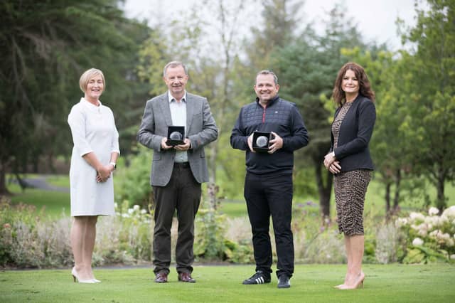 Miriam Magner Flynn, CEO, Career Decisions (left) is pictured with Tim Crowe and Davy Fitzgerald, representatives from the winning team in the Shannon Chamber Classic 2021, who received their crystal
