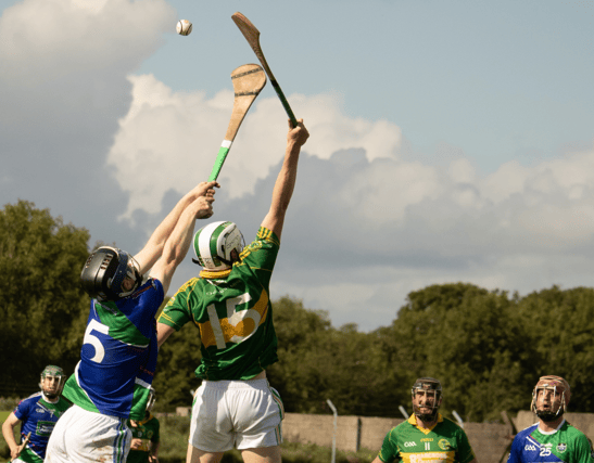 Cappamore's Ronan Hanly and Mark Nicholas, of Murroe-Boher contest this high ball in Sunday's Limerick PIHC clash at Caherconlish Pic: Sinead Kiely