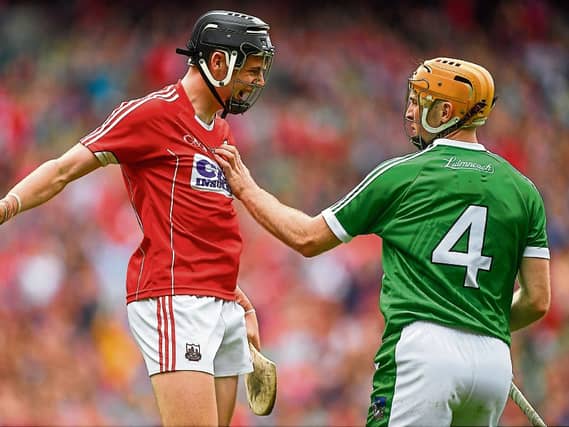 Cork’s Darragh Fitzgibbon and Limerick’s Richie English exchange pleasantries in Croke Park in 2018 | PICTURE: Sportsfile