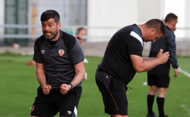 Treaty United manager Tommy Barrett and assistant Dave Rooney react to a decision during Friday's game with UCD Picture: Kieran Ryan-Benson