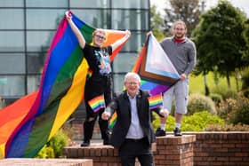Kyran Keogh, LIT Conmel, President of LIT Professor Vincent Cunnane and Cormac Dillon, LSAD Student Union at the Moylish campus ahead of Pride Month| PICTURE: Alan Place