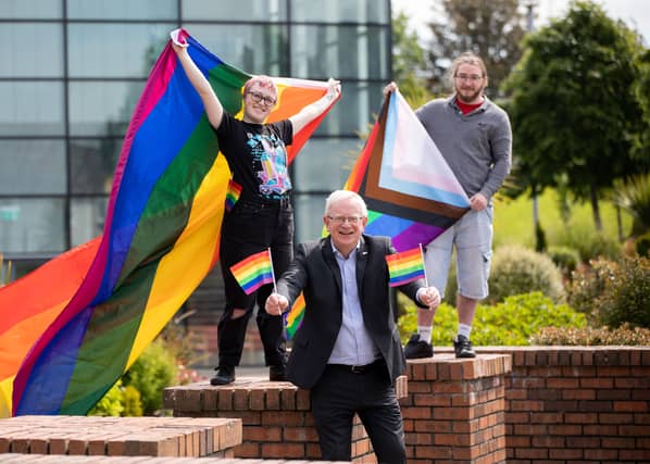Kyran Keogh, LIT Conmel, President of LIT Professor Vincent Cunnane and Cormac Dillon, LSAD Student Union at the Moylish campus ahead of Pride Month| PICTURE: Alan Place
