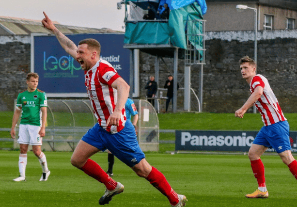 Anthony O'Donnell wheels away in celebration after scoring in the opening half of Treaty Utd's First Division fixture with Cork City at the Markets Field on Friday night Picture: Kieran Ryan-Benson