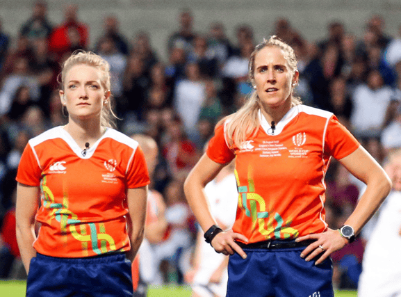Hollie Davidson, left, who refereed her first Guinness PRO14 fixture on Friday night when Munster hosted Benetton, with Limerick woman Joy Neville, who was TMO for the fixture