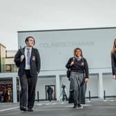 Students Dmitri Salyshka, Deborah Koumah and Kelley Guerin arriving at the new Choláiste Ciaraain campus this Monday morning | PICTURE: Brian Arthur