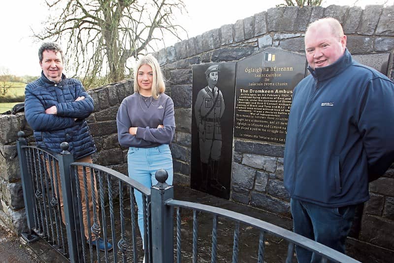Matt Barry, great grandson of David Guerin, who was centrally involved in the ambush, with his daughter Aisling Barry, and historian Eddie O'Dea, at the Dromkeen Memorial | PICTURE: Brendan  Gleeson