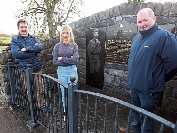 Matt Barry, great grandson of David Guerin, who was centrally involved in the ambush, with his daughter Aisling Barry, and historian Eddie O'Dea, at the Dromkeen Memorial | PICTURE: Brendan Gleeson
