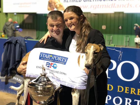 Pat Buckley and daughter Emma with 2020 Star Sports English Greyhound Derby winner Deerjet Sydney