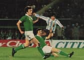 Limerick man Pat Nolan, centre, tries to block a shot on goal from the late Diego Maradona during a League of Ireland XI fixture with world champions Argentina at River Plate Stadium in 1980