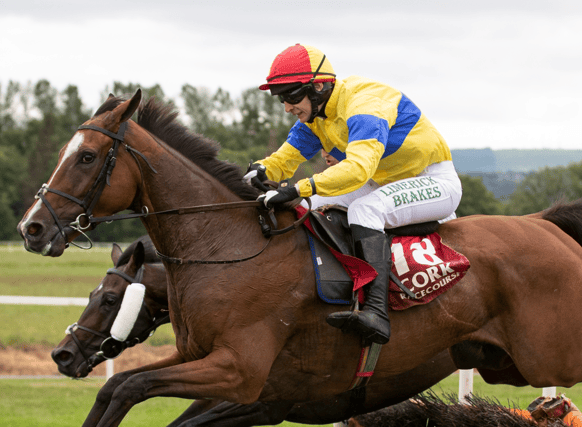 Oola jockey Cathal Landers, who won the Novice Chase at Galway on Friday night, pictured winning a maiden hurdle in Cork aboard Rip Rocks Paddy Ok in July 2019 Picture: Patrick McCann/Racing Post
