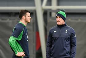Former Ireland captain Paul O'Connell in conversation with James Ryan, left, during Ireland Rugby squad training at IRFU High Performance Centre at the Sport Ireland Campus in Dublin on Wednesday