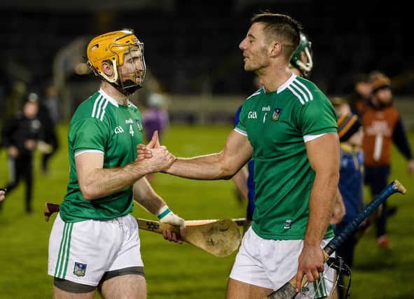 Limerick defender Richie English and Dan Morrissey celebrate at the final whistle in Thurles