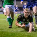 Ireland Club XV player Bryan Fitzgerald, of Garryowen, scores a try during their Club International win over Scotland at Netherdale Picture: ©INPHO/Craig Watson