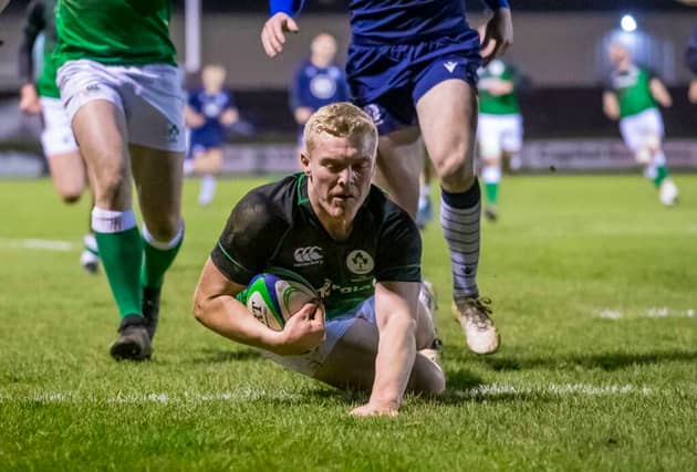Ireland Club XV player Bryan Fitzgerald, of Garryowen, scores a try during their Club International win over Scotland at Netherdale Picture: ©INPHO/Craig Watson
