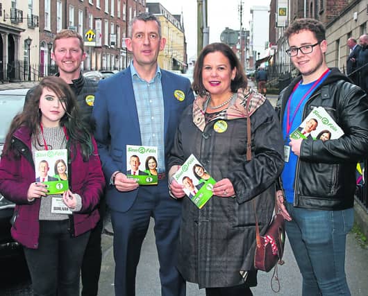 Mary Lou McDonald with Danielle O'Shea, David McFadden, Maurice Quinlivan and Evan Sheehan - Picture: Adrian Butler