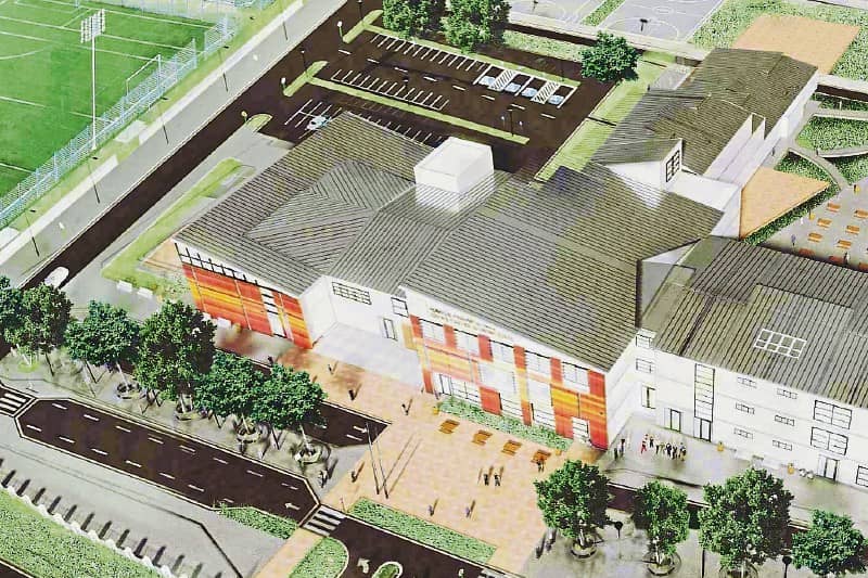 Sports facilities feature prominently as does a comprehensive traffic management area in artist's impressions of the new school building