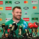 Cian Healy chatting to the press this afternoon in Japan