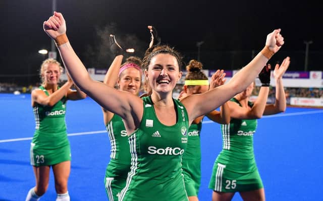 Limerick woman Róisín Upton celebrates the Ireland women hockey team's qualification for next summer's Tokyo Olympics