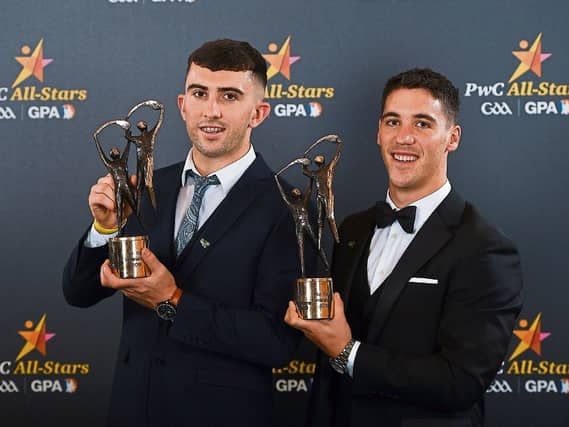 Limerick hurlers Aaron Gillane, left, and Seán Finn with their PwC All-Star award at the PwC All-Stars 2019 at the Convention Centre in Dublin Picture: Seb Daly/Sportsfile