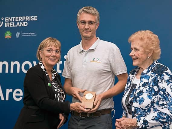 Julie Sinnamon, CEO of Enterprise Ireland, presents Robert Shine, of Samco, with Innovation Arena Award. Also pictured is Anna May McHugh, managing director of the National Ploughing Association