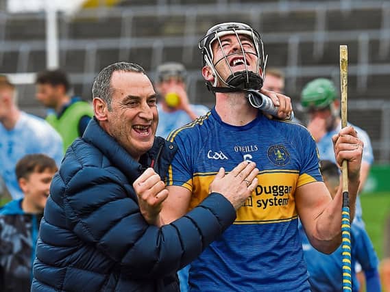 Diarmaid Byrnes of Patrickswell celebrates with clubmate Anthony Carmody after the Limerick Senior Hurling Championship Final Picture: Sportsfile