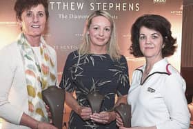 Mary Ryan on behalf of the sponsors presents fourth prize in the Matthew Stephens Jewellers Competition to Mary Conlon (left) and Ann O'Mahony at a prize giving evening in Limerick Golf Club       Pic