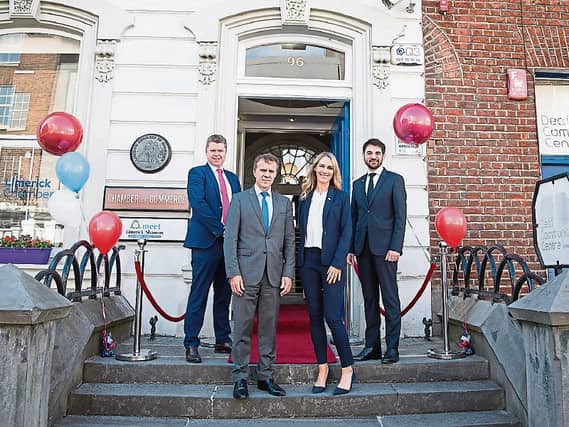 Eoin Ryan, vice-president, Limerick Chamber, Stephane Crouzat, French Embassy, Chamber chief executive Dee Ryan and Dr Loic Guyon, the new Charge d'affaires for the region PICTURE: Shauna Kennedy