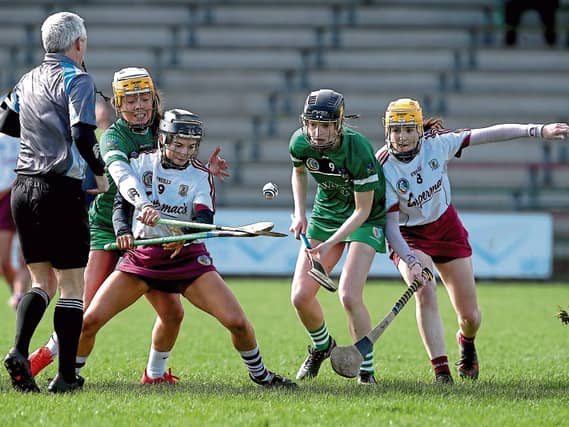 Referee Cathal Egan throws the ball in to start the game with Limerick's Karen O'Leary and Niamh Mulcahy and Aoife Donohue and Anne Marie Starr of Galway contesting Mandatory Credit ©INPHO/Bryan Keane