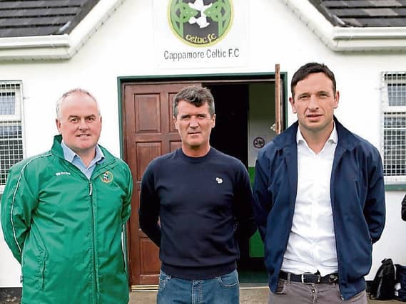 Noel Mooney, right, pictured with Cappamore Celtic's Joe Diggins and Roy Keane